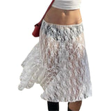 Tineit Kawaii Lace Midi Skirts for Women Summer y2k Fairy Grunge Bodycon Skirts E-Girls See-Through Wrapped Long Skirts Beachwear