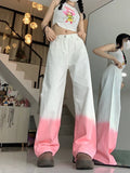 Tineit Women's Palazzo Pants Y2k Pink Fashion Gradient High Waist Wide Leg Jeans Streetwear Baggy Vintage Mujer Denim Trousers