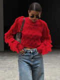 Tineit Splice Tassel Short Knitted Top Female Solid Slim Fit Long Sleeves Fashion Pullover Sweater Women's Autumn Winter Casual