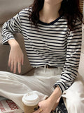 Tineit Spring Striped Cotton T Shirt Women Long Sleeve O Neck Simple All-match Tees Preppy Style Sweet Loose Casual Bottom Shirt Tops