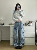 Tineit American Street Workwear Multi-Pocket Heavy Lndustry Design Jeans Female Y2K Gothic Fashion Punk Style Loose Floor Wide-leg Pant