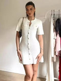 Tineit White Elegant Knitted Mini Dress For Women Metal Button Sexy Slim Rib Sweater Dress Holiday Party Outfits Autumn 2024 New