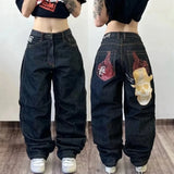 Tineit Y2K Baggy Jeans Streetwear Womens Hip Hop Skull Graphic Jeans Black Pants New Harajuku Gothic High Waisted Wide Leg Trousers