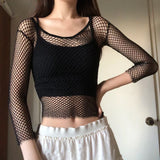 Tineit Harajuku Hollow Out See Through Crop Top Gothic Fishnet Mesh T-Shirts Grunge Mall Goth Women Summer Beach Cover-ups