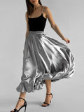 TARUXY Glossy High Waist Skirt For Women Balloon Skirt Autumn Fashion New Solid Long Skirt Female Loose Elastic Waist Streetwear