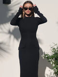 Black Friday Tineit Half Turtleneck Long Sleeves Maxi Dress Fashion Office Lady Clothing Back Slit Gown Dress Female Solid Streetwear Autumn