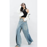 Tineit American Retro High Waist Oversized Jeans For Women Casual Baggy Y2K Wide Leg Pants Grunge Streetwear Blue Denim Trouser