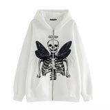 Tineit Y2K Aesthetic Zip Up Sweatshirts E-girl Gothic Grunge Emo Skeletons Wings Print Oversized Hoodies Autumn Long Sleeve Coat Top