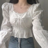 Tineit French Style Chiffon Blouse Women Spring Summer Puff Sleeve Lace Up Ruffles Shirts Elegant Korean Fashion Preppy Style Sweet Top