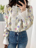 Tineit Sweet Blouse Women Spring Flare Long Sleeve Floral Print Shirt Ladies French Style Elegant Tops Casual Ruffled Collar Blusas