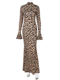 Black Friday Tineit Leopard Print Stand Collar Sexy Dress For Women Fashion Ruffle Sleeve Slim Maxi Dress Female 2024 Autumn New High Street