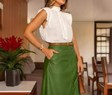 Tineit Women Skirt Sets Long Skirts High Waist Sleeveless Stand Collar Shirts Solid Slim Fit Pocket A Line Elegant Summer 2024