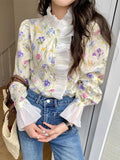 Tineit Sweet Blouse Women Spring Flare Long Sleeve Floral Print Shirt Ladies French Style Elegant Tops Casual Ruffled Collar Blusas