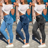 Tineit Women Jeans Sheath Pencil Pants Pockets Cargo Denim Distressed High Waist Washing Slim Fit Zipper Fly Ankle Length Solid