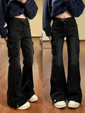 Tineit- Black Cargo Flare Jeans Women Streetwear Vintage Baggy Korean High Waist Denim Pants Y2k Causal Kpop Wide Leg Trousers