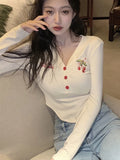 Tineit Y2k Cherry Embroidered T-shirt Women Sexy V Neck Long Sleeve Crop Top Female Spring Korean Fashion Harajuku Sweet Cute Slim Tees