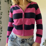 Tineit 90s Vintage Y2K Aesthetic Striped Cropped Sweater Autumn Zip Up Knitted Cardigans Hooded Women Long Sleeve Slim Fit Coats