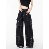 Tineit Black Cargo Pants High Waisted Women's Pants Vintage Straight Oversized Y2K Style Fashion 2023 Winter Wide Leg Trouser