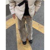 Tineit Brown Women's Jeans High Waist Leopard Print Straight Fashion Pants Streetwear Harajuku Y2K Vintage Female Wide Leg Denim Trouse