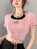 Tineit Fake Two Pieces T-shirt Women Summer Short Sleeve Lace-up Pink Sweet Kawaii Crop Top Ladies Korean Fashion Skinny Slim Y2k Tops