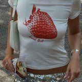 Tineit Women's Y2K Vintage Summer Tops Cute Strawberry Fruit Print Short Sleeve Round Neck Fitted T-Shirts Aesthetic Clothes