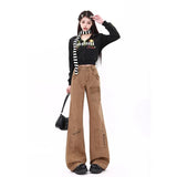 Tineit Women Khaki Flare Cargo Jeans Vintage Korean High Waist Cowboy Pants Harajuku Denim Trousers 90s Aesthetic Y2k Emo 2000s Clothes