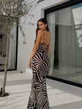 Tineit Chiffon Zebra Print Beach Dress Women Sexy See Through Sim Long Party Dresses Summer Spaghetti Strap Backless Holiday Dress 2024