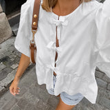 Tineit White Hollow Out Lace Up Puff Sleeve Shirt For Women O-Neck Summer Fashion New Patchwork Shirt Top Female Loose Clothes