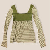 Tineit Preppy Kawaii Y2K T-shirt Women Grunge 00s Vintage Striped Crop Tops Fairy Cottage Long Sleeve Square Collar Milkmaid Tees