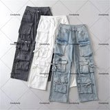 Tineit European And American Trends Street Hip-hop Multi-pocket Heavy Washing Jeans Female Y2K Retro Tooling Straight Casual Overalls