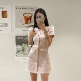 Tineit Korean Chic Tweed Vestidos Mini Women 2025 Dress Small Fragrance Vestido Summer Autumn New Dresses Single Breasted Robes