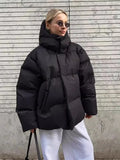 Black Friday Tineit Female Cotton Jacket Solid Hooded Zipper Cotton Jacket 2024 Autumn Winter New Lady Loose Long Sleeve High Street Outwear