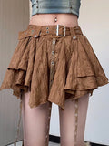 Tineit Punk Style Mini Skirt Women Low Waist Metal Buckle Belt Skirts Vintage Y2k Irregular Pleated A-Line Skirt Streetwear Skirt Falda