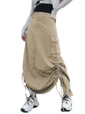 Tineit Retro Women Long Cargo Pocket Baggy Skirts Side Drawstring Low Rise Solid Pockets Hip Hop Straight Skirts Y2k Streetwear