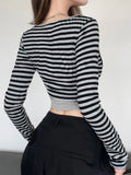 Tineit Y2K Striped Crop Top Women Spring Summer Long Sleeve Skinny T-shirt Female Korean Fashion Vintage Harajuku Aesthetic Basic Tees