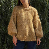 Tineit Fashion Sequined Mohair Sweater Women's New Loose O-neck Lantern Long Sleeve Glitter Knitted Pullover Sweater Streetwear