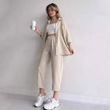 Tineit Tracksuit Two Pieces Harem Pants Matching Sets Loose Solid Single Breasted Blouses Casual Drawstring Pant Sets Sports 2024