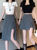 Tineit Summer Women Skirt Girls Preppy Style Irregular Skirts Ladies Aesthetic Chic A-Line Mini Skirt Casual Elastic Waist Long Faldas