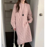 Tineit Twist Knitted Vestidos Winter Thicked Vestido Loose Long Sleeve Women 2025 Dresses Round Neck Dress Korean Lazy Style Clothing