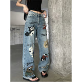 Tineit Blue Women Jeans High Waist Fashion American Graffiti Y2K Streetwear Chic NEW Wide Leg Jean Female Trouser Baggy Denim Pants