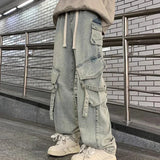 Tineit Autumn And Winter New Japanese Overalls Jeans Men And Women American Retro High Street Micro-la Washed Wide-leg Straight Pants