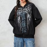 Tineit 2024 Fall Fashion Graphic Print Zip Up Hoodie 00s Retro Cyber Y2K Sweatshirt Wings Grunge Emo Goth Jacket Coat Women Men Aesthetic Streetwear