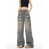 Tineit Women Blue Jeans Cargo Pants Streetwear High Waist American Wide Leg Pants Fashion Y2K Style Female Winter Straight Trousers