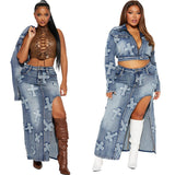 Tineit Vintage Washed Sexy Denim Wrap Buttocks Skirts Women Dress Sets Ankle Length Dress Slim Embroidery Spliced Coats Pockets