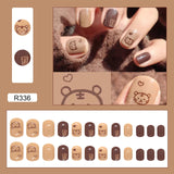 Tineit-Fall nails Christmas nails 24pcs Press on False Nails Set Cartoon Animal Decal Fake Nails Art  Full Cover Artificial Short Nail Tips With Wearing Tools