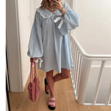 Tineit Fairycore Cute Y2K Ruffle Trim Doll Collar Plaid Dress Kawaii Lolita Babydoll Dress Women Puff Long Sleeve Loose Fit Mini Dress