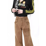 Tineit Women Khaki Flare Cargo Jeans Vintage Korean High Waist Cowboy Pants Harajuku Denim Trousers 90s Aesthetic Y2k Emo 2000s Clothes