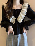 Tineit French Style Sweet Blouse Women Spring Autumn Puff Sleeve Ruffles Shirts Female Korean Fashion Preppy Style Casual Loose Tops