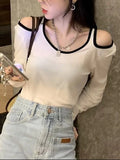 Tineit Y2K Harajuku Cotton T Shirts Women Autumn Sexy Off Shoulder Long Sleeve Tops Ladies Korean Fashion Hollow Out Gothic Streetwear