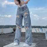 Tineit Streetwear Straight Pants Ladies Ripped Jeans Mid Waist Loose Wide Leg Pants Ladies Jeans Y2K Summer High Street  Cargo Pants